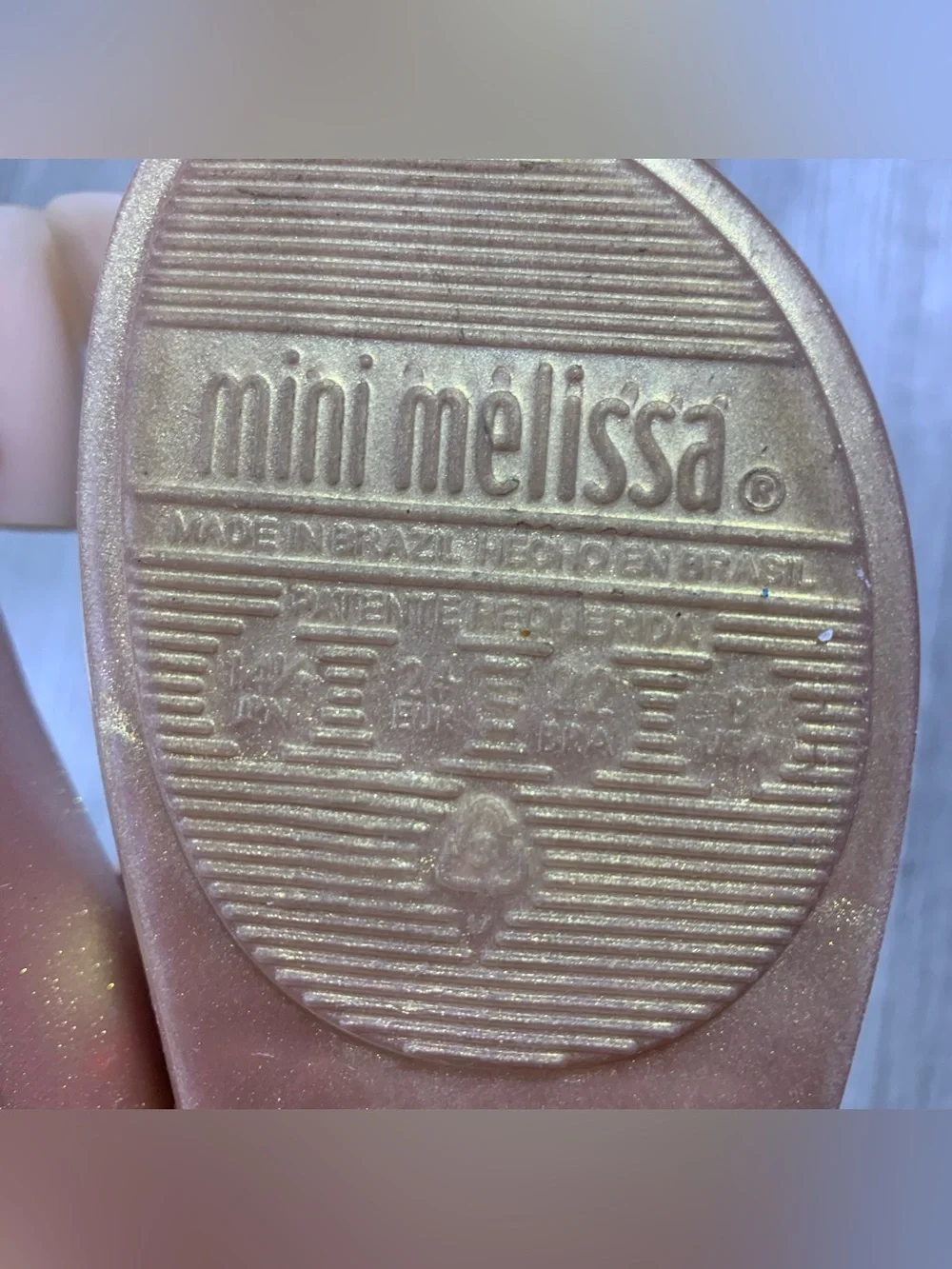 Mini Melissa Ultra Girl Pink Gold Glitter Peep Toe Mary Jane’s size 8